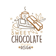 Poster - Sweet chocolate label original design, hand drawn vector Illustration in brown colors