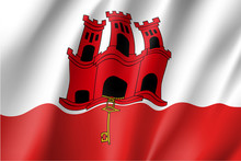 The Flag Of Gibraltar, White With A Red Stripe At The Bottom, A Three-towered Red Castle, In The Middle Tower Hangs A Gold Key. Vector Realistic Style Illustration
