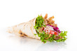 close up of kebab sandwich on white.