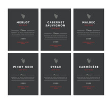 Red Wine Labels. Vector Premium Template Set. Clean And Modern Design. Pinot Noir, Malbec, Cabernet Sauvignon, Merlot, Syrah, Carmenere.