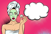 Wow Female Face. Sexy Young  Woman Housewife With Open Mouth In Bath Towel With Cosmetic Mask Holding Slice Of Cucumber And Empty Speech Bubble. Vector Bright Background In Pop Art Retro Comic Style.