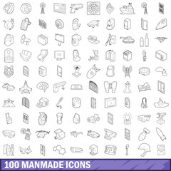 Poster - 100 manmade icons set, outline style