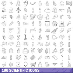 Poster - 100 scientific icons set, outline style