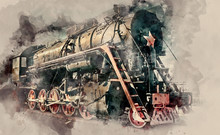 The Old Old Steam Locomotive On Sunset Background. Vintage Style Train. Watercolor Background