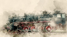 Old Steam Locomotives Of The 20th Century. Watercolor Background