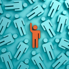Fototapete - Stand out from the crowd and different creative idea concepts , One orange man raising his hand among other people on green pastel color background with shadows . 3D rendering.