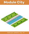 Isometric vector illustration of modern city with a marina and river embankment with park