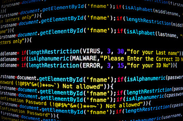 Wall Mural - screen of source code and abstract technology background, developer and programming with coding, com