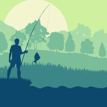 Fisherman Near Pond And Trees Vector Landscape Background