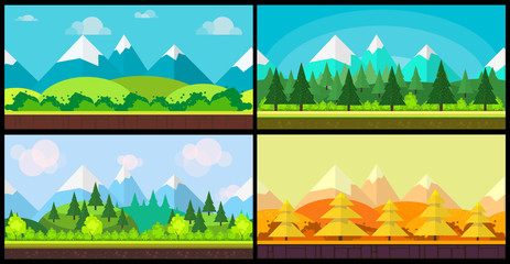 Wall Mural - Set of 4 cartoon nature backgrounds and landscapes with different seasons. Beautiful vector illustrations for your design.