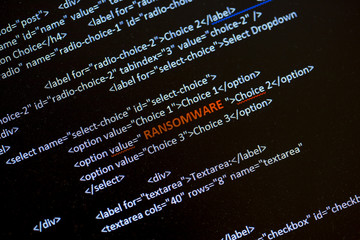 Wall Mural - ransomware text in red in the middle of the computer screen surrounded by computer code language. im
