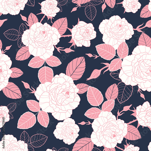 Vector Vintage Pink And White Roses And Leaves On Dark Navy