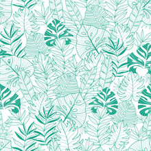 Vector Green Tropical Leaves Summer Hawaiian Seamless Pattern With Tropical Green Plants And Leaves On Navy Blue Background. Great For Vacation Themed Fabric, Wallpaper, Packaging.