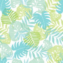 Vector Light Tropical Leaves Summer Hawaiian Seamless Pattern With Tropical Green Plants And Leaves On Navy Blue Background. Great For Vacation Themed Fabric, Wallpaper, Packaging.