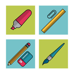 Poster - white background with frames of school elements marker and paperclip with ruler and pencil with eraser and brush