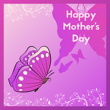 Happy Mother's Day. Ecard For Your Mom. Violet Greeting Card With Purple Butterfly.