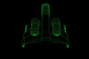 Wall Mural - Futuristic Spaceship in Hologram Wireframe Style. Nice 3D Rendering
