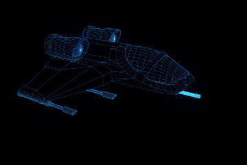 Wall Mural - Futuristic Spaceship in Hologram Wireframe Style. Nice 3D Rendering

