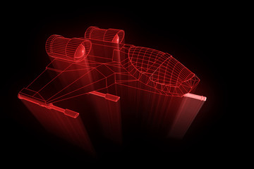 Wall Mural - Futuristic Spaceship in Hologram Wireframe Style. Nice 3D Rendering
