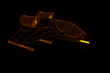 Wall Mural - Futuristic Spaceship in Hologram Wireframe Style. Nice 3D Rendering
