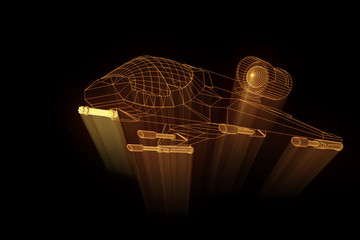 Wall Mural - Futuristic Spaceship in Hologram Wireframe Style. Nice 3D Rendering
