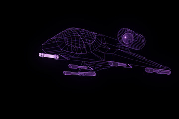 Wall Mural - Futuristic Spaceship in Hologram Wireframe Style. Nice 3D Rendering
