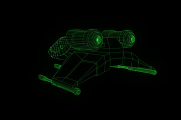 Wall Mural - Futuristic Spaceship in Hologram Wireframe Style. Nice 3D Rendering
