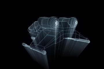 Wall Mural - Futuristic Spaceship in Hologram Wireframe Style. Nice 3D Rendering

