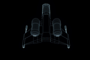 Wall Mural - Futuristic Spaceship in Hologram Wireframe Style. Nice 3D Rendering
