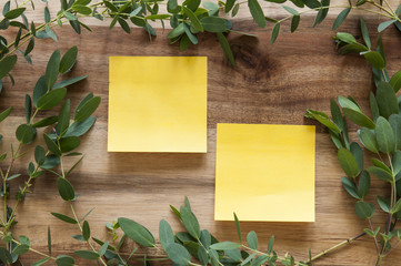 Two post-its on a wooden background surrounded by a leafy green frame. 