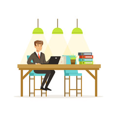 Sticker - Smiling businessman in a suit working with laptop in the open space office vector Illustration