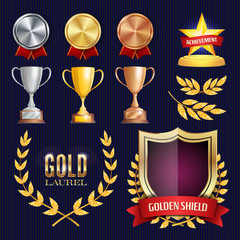 Sticker - Vector Awards And Trophies Collection. Golden Badges And Labels. Championship Design. 1st, 2nd, 3rd Place. Golden, Silver, Bronze Achievement. Empty Badge, Medal Blank.