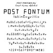 Hand drawn alphabet, written font in postal style: capital and lower latin and cyrillic letters, numbers and some punctuation. Vector illustration