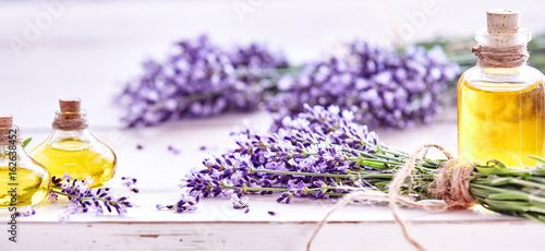 Panorama banner of lavender and essential oil Canvas Print