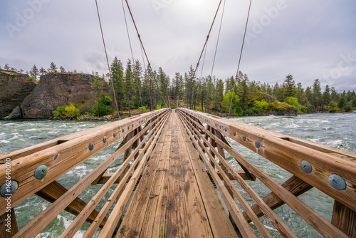 Fotografie, Obraz Wooden bridge across the river on a background of the green forest