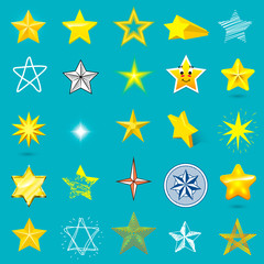 Wall Mural - Different style shape silhouette shiny star icons collection vector illustration on blue background