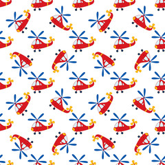 Wall Mural - Vector Seamless Pattern with Cartoon Helicopter. Vector Boy's Toy Helicopter. Helicopter Seamless Pattern Vector Illustration. 