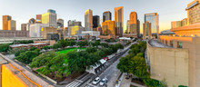 Aerial View Downtown Houston Illuminated At Sunset With Green City Park And Modern Skylines Light. The Most Populous City In Texas, Fourth-most In United States. Architecture And Travel Background.