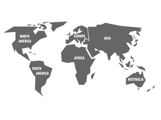 Canvas Print - Simplified grey silhouette of world map divided to six continents. Simple flat vector illustration on white background.