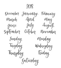 Sticker - Handwritten Months, Days of Week. Modern Calligraphy Calendar. Vector Illustration