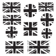 Vintage Union Jack, Great Britain Grunge Flag Set, Black Isolated On White Background, Vector Illustration.