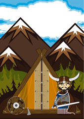 Sticker - Cartoon Viking Warrior and Tent