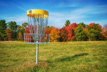 Disc Golf Hole Basket In Autumn Park