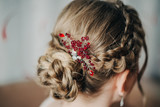 Hair with braided braids and accessories with red stones