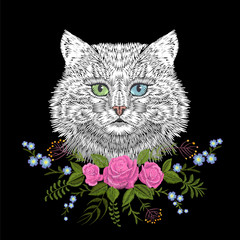 white cat with blue green eyes face head. embroidery design print textile decoration stitch texture 