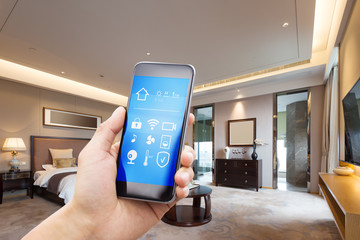 Poster - mobile phone with luxury bedroom in smart home