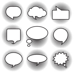 Poster - Big set picture blank template comic text speech chat bubble halftone dot background style pop art. Dialog empty cloud, space pop art Creative idea conversation Clear comics book sketch explosion