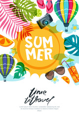 Wall Mural - Vector banner, poster or flyer design template with sun, palm leaves and air balloons. Summer beach doodle illustration. Concept for summer holidays, travel and tourism background.