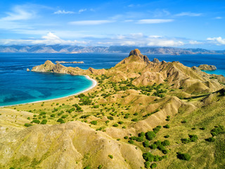 Aerial view of dramatic ridges on Pulau Padar island in between Komodo and Rinca Islands near Labuan Bajo in Indonesia.