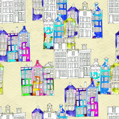  Seamless pattern eith watercolor Amsterdam houses